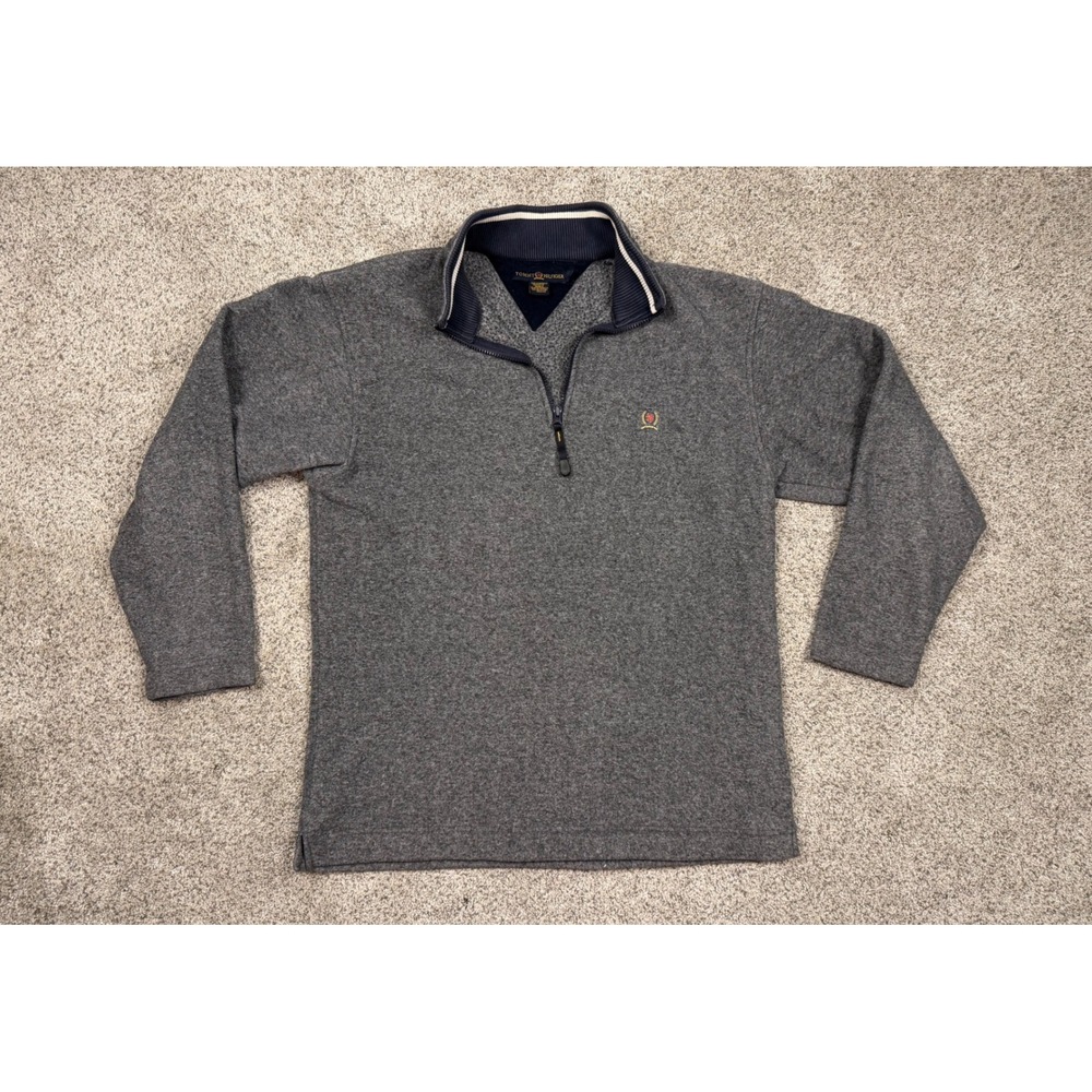 Tommy Hilfiger Quarter Zip Fleece Pullover Large Gray Crest Logo Mock Neck